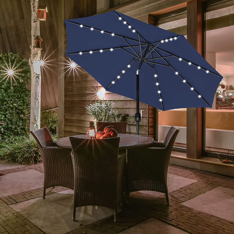 9 Ft Solar Umbrella with 32 LED Lights - Patio Umbrella for Garden, Deck, Backyard, and Pool with Push Button Tilt/Crank