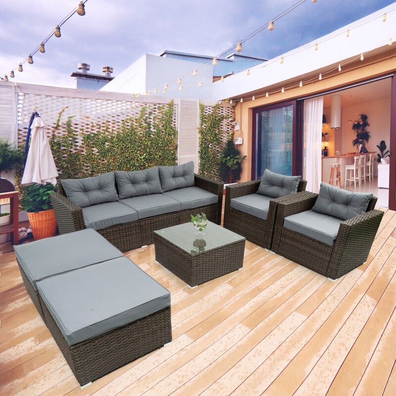 6 Piece Patio Rattan Wicker Outdoor Furniture Conversation Sofa Set with Removable Cushions and Temper glass Table Top