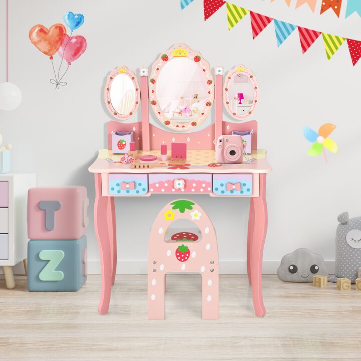 Kids Vanity Princess Makeup Dressing Table Chair Set with Tri-fold Mirror