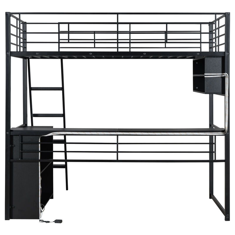 Merax Metal Loft Bed with LED, Desk and 4 Storage Shelves
