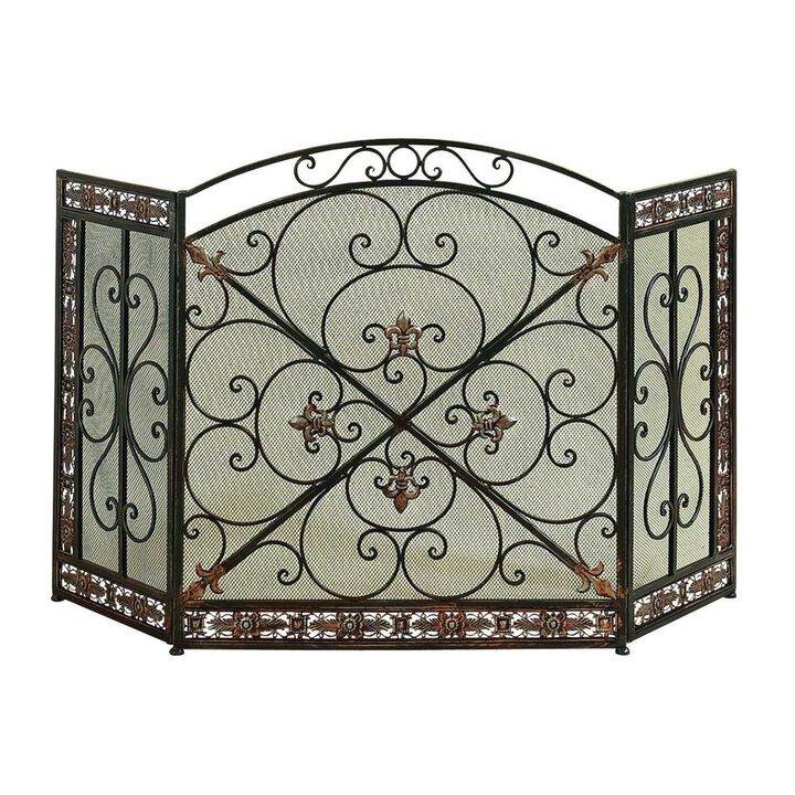 Traditional 3 Panel Metal Fire Screen With Filigree Design, Bronze, Black-Benzara