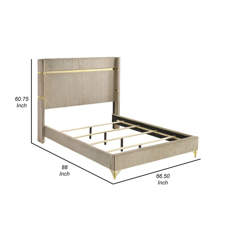 Jenny Queen Size Bed, Fluted Wingback Headboard, Beige Upholstery Gold Trim - Benzara