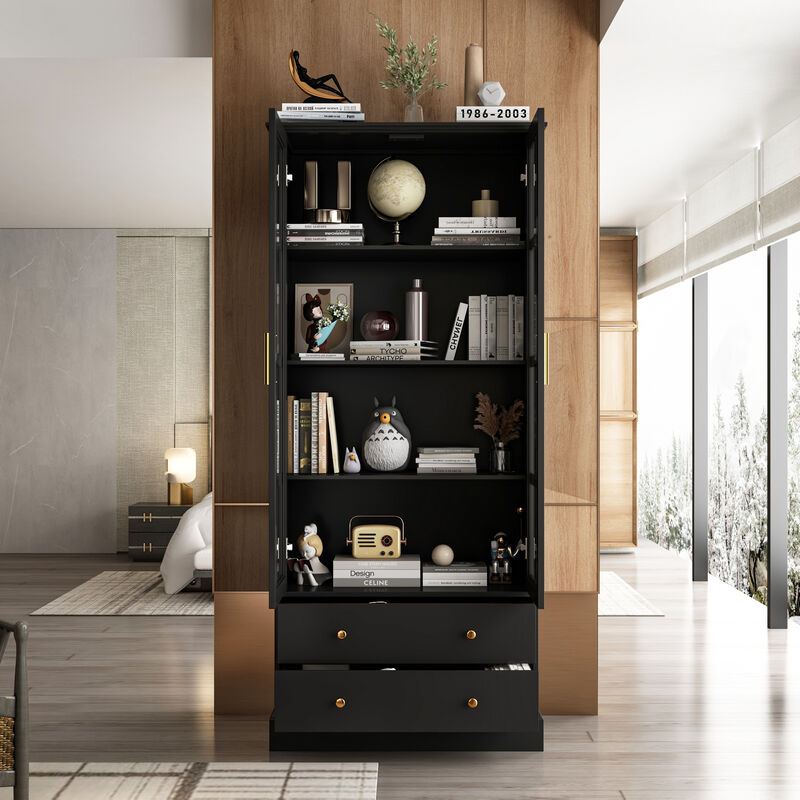 FUFU&GAGA Modern Bookcase with Glass Doors, 3 Fixed Shelves, and Spacious Drawers, Elegant Storage Cabinet for Living Room, Office, and Bedroom (70.1"H x 31.5"W x 15.4"D) image number 2
