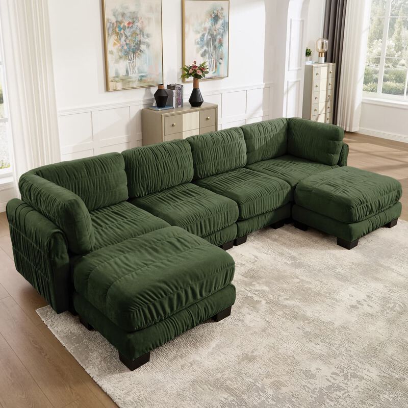 4 seat modular sectional sofa, Chenille L shaped sectional couch with ruched detailing, Modular sectional with 2 movable ottomans image number 4