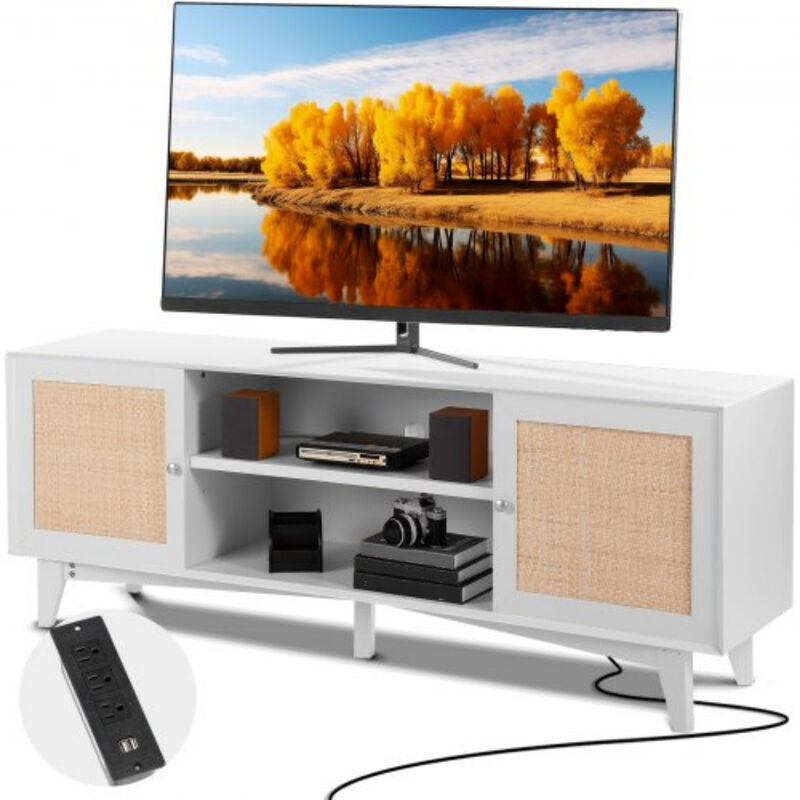 Rattan TV Cabinet for 75 Inch TVs &ndash; Boho Style, Built-in Power Socket, Dual Shelf Storage, Entertainment Center for Media Room
