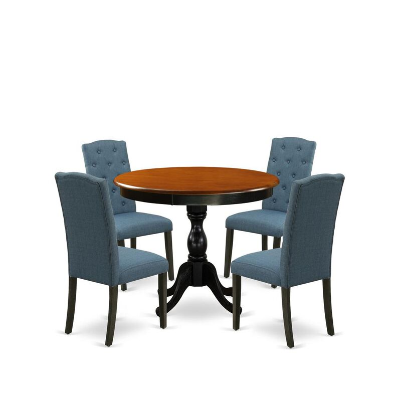 East West Furniture 5-Piece Wooden Dining Set Consists of a Wood Kitchen Table and 4 Blue Linen Fabric Parson Chairs with Button Tufted Back - Black Finish