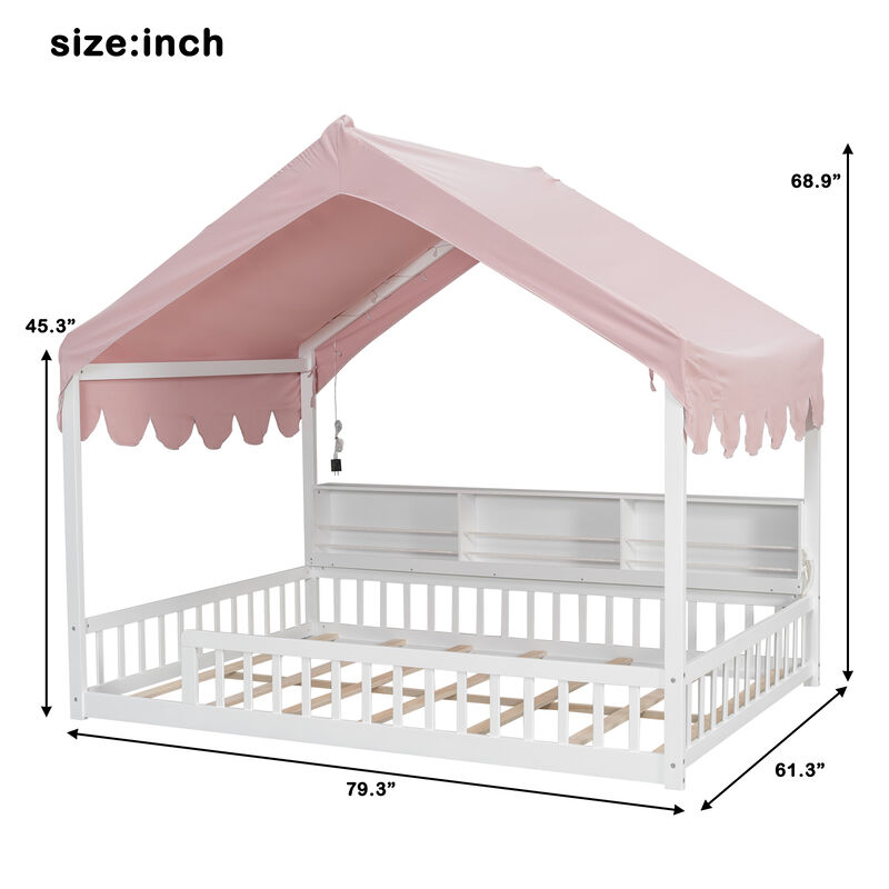 Merax Full Size Wooden Floor Bed,House-Shaped Daybed with Fense,3 Storage Bookshelves,Curtain and LED Light image number 7