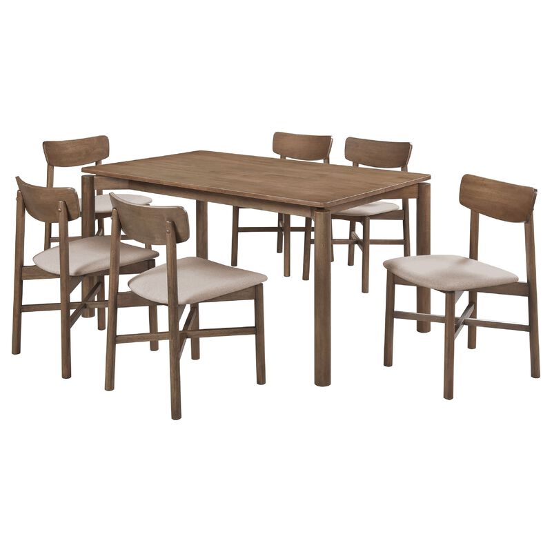 Rida 7pc Dining Table Set w 6 Upholstered Chairs, Natural Walnut Brown image number 0