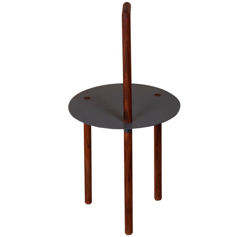 29 Inch Round Metal Top End Table with Inbuilt Wooden Pole, Brown and Black-Benzara