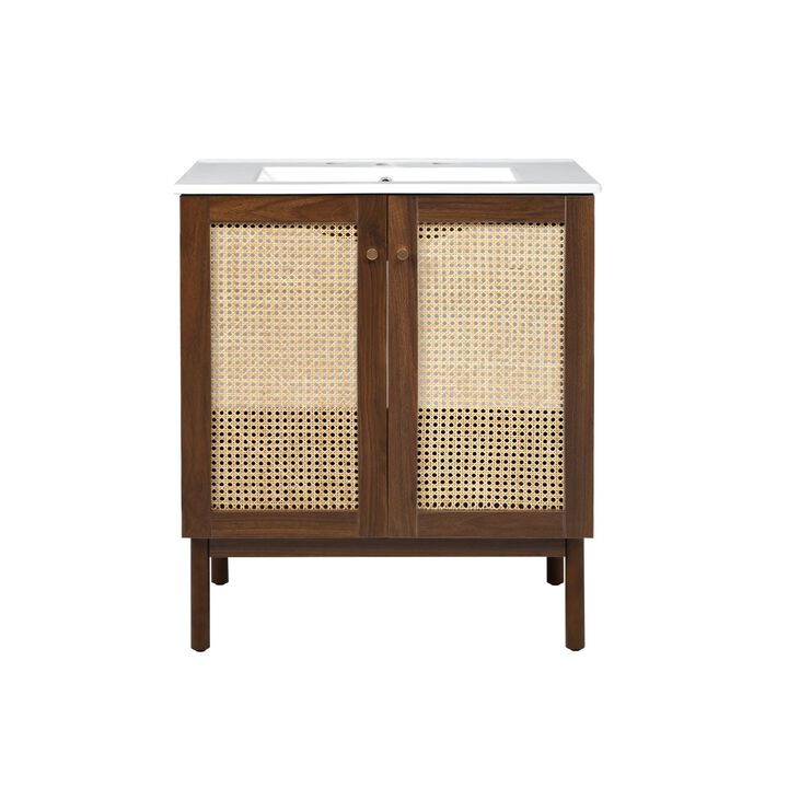 ELEMENT ACE Space-Saving Natural Bamboo Vanity with Handwoven Rattan Doors