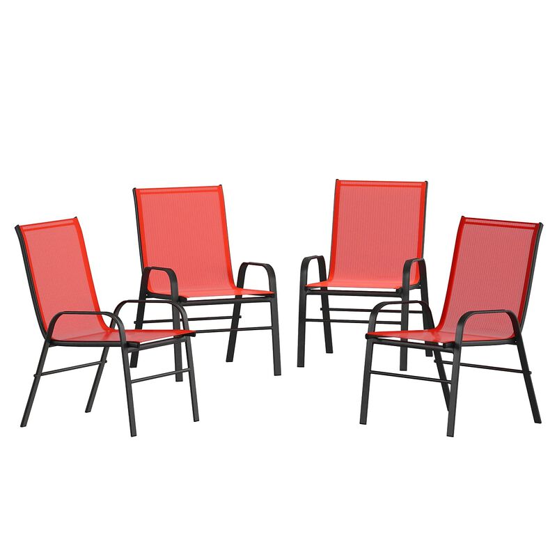 Flash Furniture Brazos Series Red Outdoor Stack Chair with Flex Comfort Material and Metal Frame, Set of 4