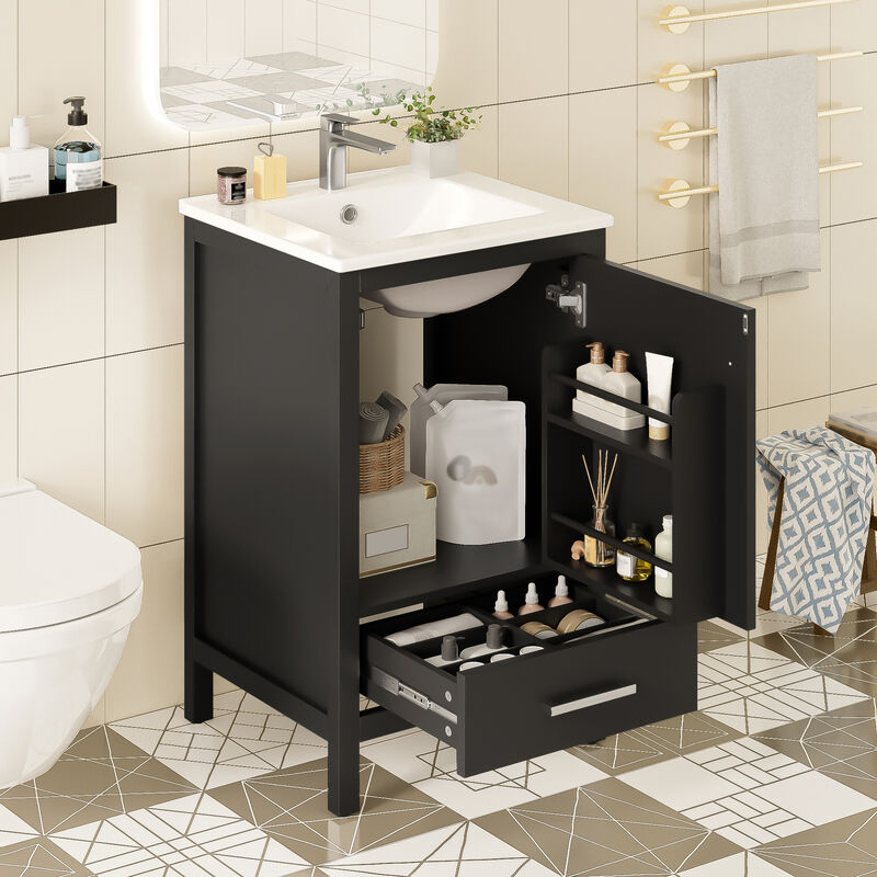 ELEMENT ACE Compact Bathroom Vanity with Integrated Ceramic Sink, Soft-Close Drawer & Door, Divider Drawer, Adjustable Foot Pads for Small Bathrooms image number 1