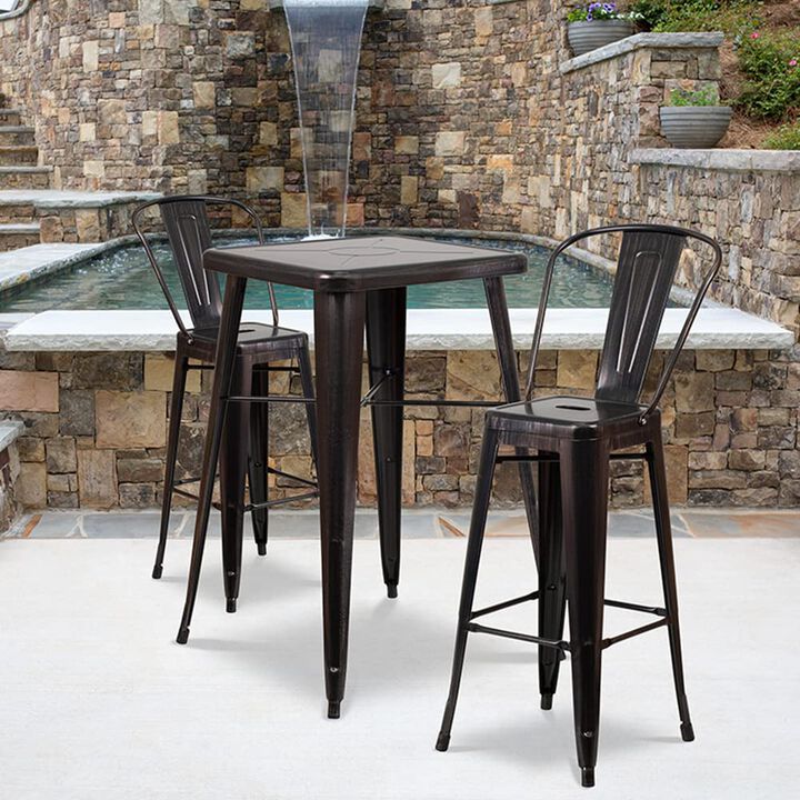 Flash Furniture Commercial Grade 23.75" Square Black-Antique Gold Metal Indoor-Outdoor Bar Table Set with 2 Stools with Backs