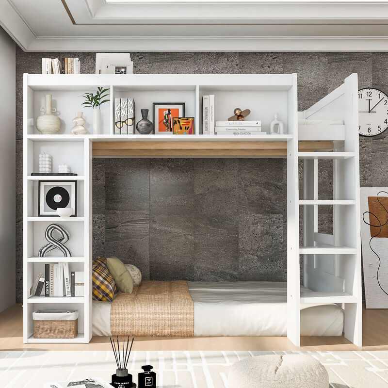 Merax Queen Wooden Loft Bed with Storage Cabinets image number 2