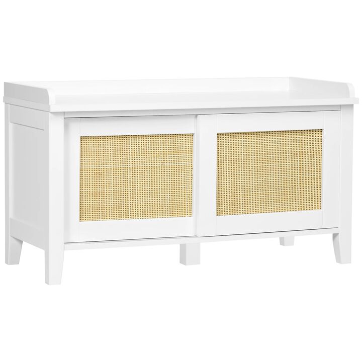 Entry Way Bench Shoe Storage Bench with Shoe Cabinets 2 Rattan Sliding Doors and Pine Wood Legs for Hallway White