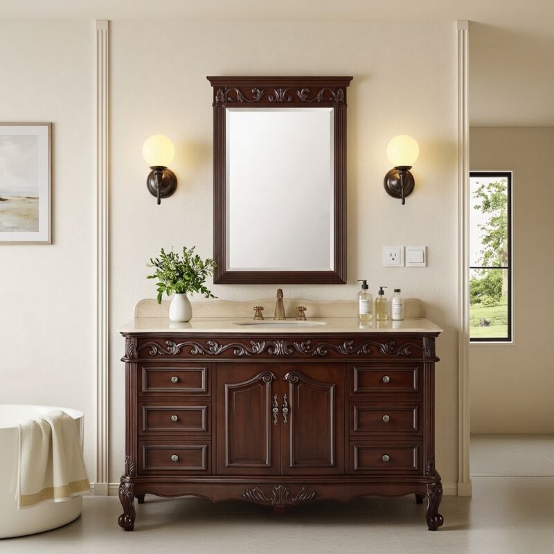 56 Inch Traditional Style Brown Beckham Bathroom Sink Vanity With CreamTop image number 5
