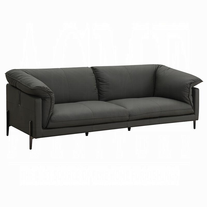 Semi Loveseat, Box Edge Design, Black Top Grain Leather, 69 Inch