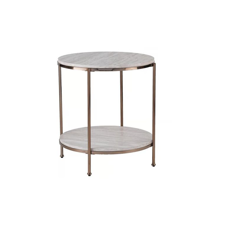Hivvago 24 Inch Champagne Faux Marble And Iron Round End Table With Shelf