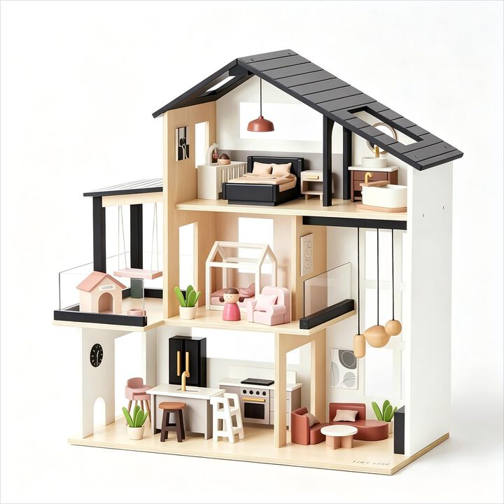 Wooden Doll House, Modern Family Dollhouse with Realistic Design - 7 Rooms Dollhouse with 53 PCS Accessories, Montessori Pretend Play Toddler Toy