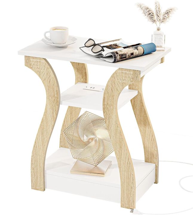 FROMJBEST End Table with Charging Station, Side Table with USB Ports and Outlets, Nightstand, 3 Tier End Table with Storage Shel