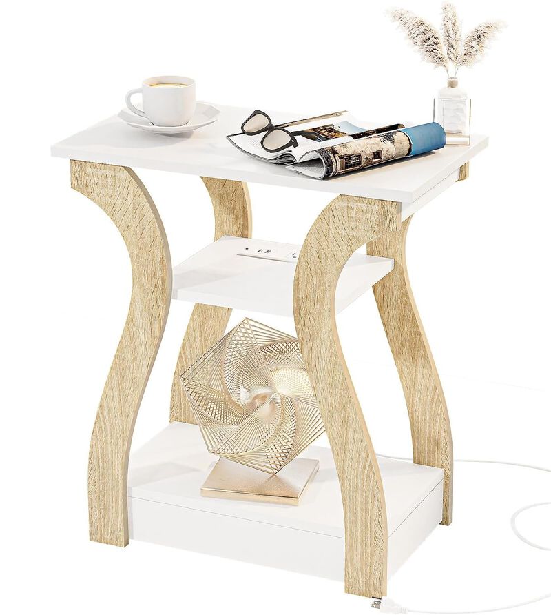 FROMJBEST End Table with Charging Station, Side Table with USB Ports and Outlets, Nightstand, 3 Tier End Table with Storage Shel