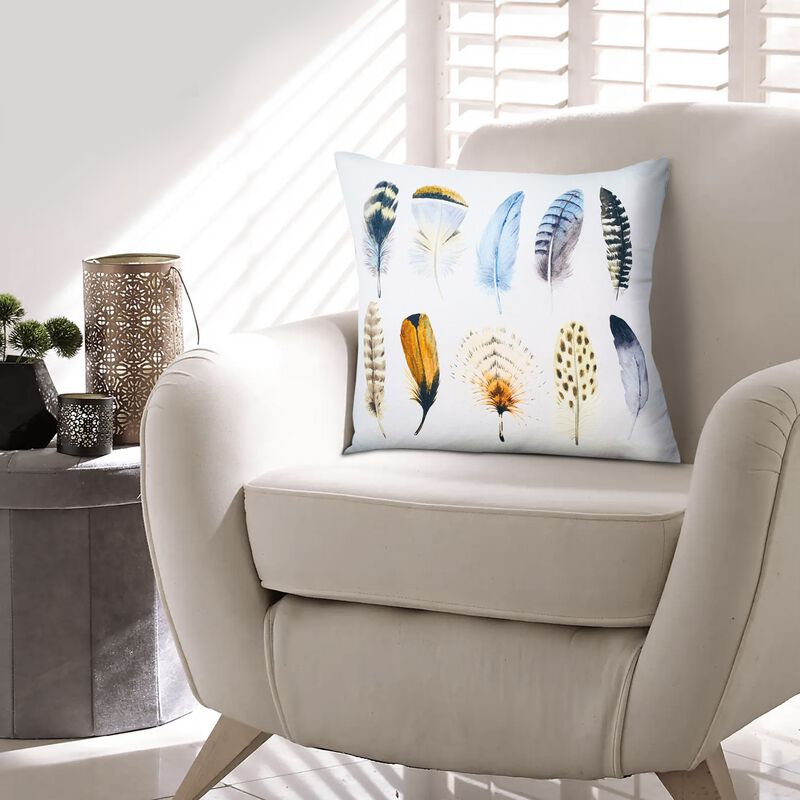 20 x 20 Square Cotton Accent Throw Pillows, Printed Feather Design, Set of 2, White, Multicolor-Benzara
