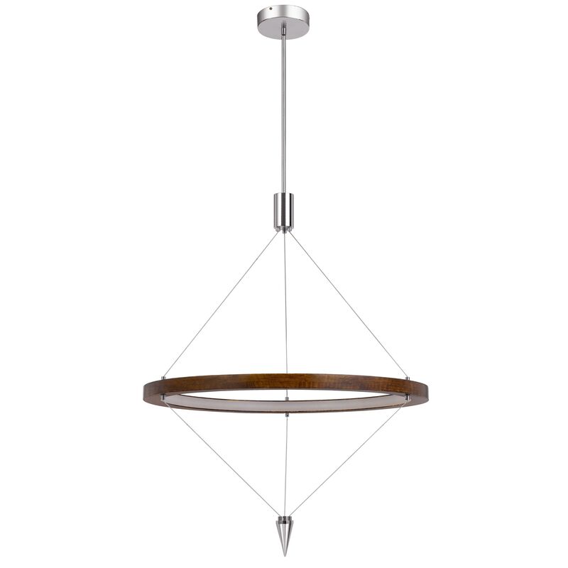 Erbo 11 Inch Pendant Light Fixture, Dimmable LED, Pine Wood and Chrome - Benzara