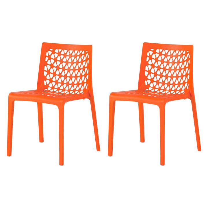 HomeRoots Set of Two Orange Heavy Duty Plastic Outdoor Stacking Dining Chairs