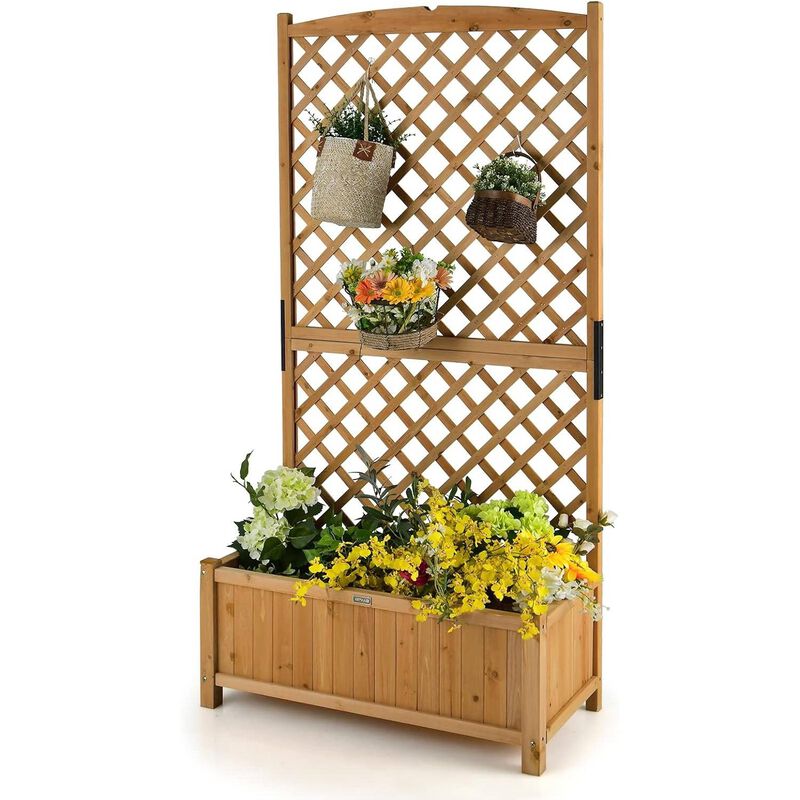Raised Garden Bed Planter Box in Fir Wood with Trellis for Outdoor Gardening