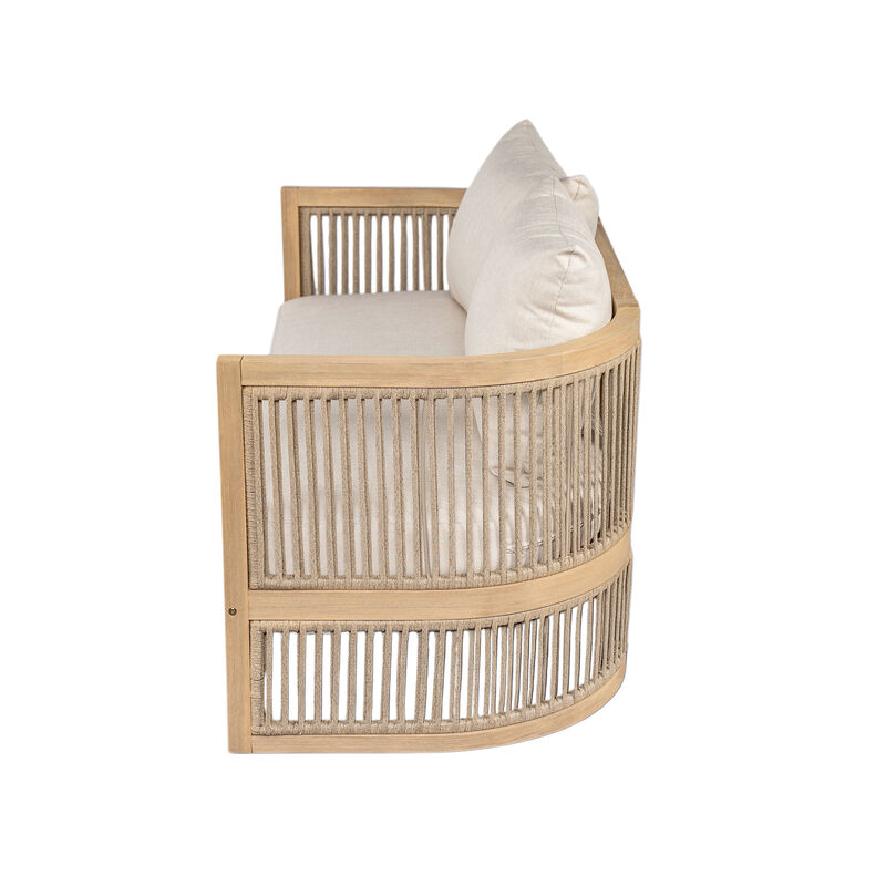 Christopher Knight Home Remy 54" Outdoor Acacia Wood Upholstered Loveseat with Curved Rope Weave Back image number 4