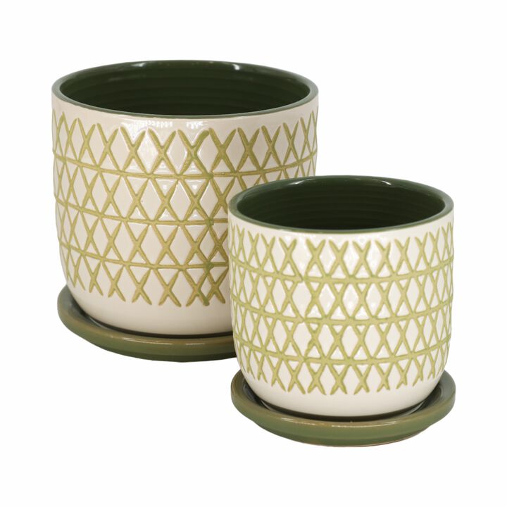 Green Ceramic X-Saucer Planter Set