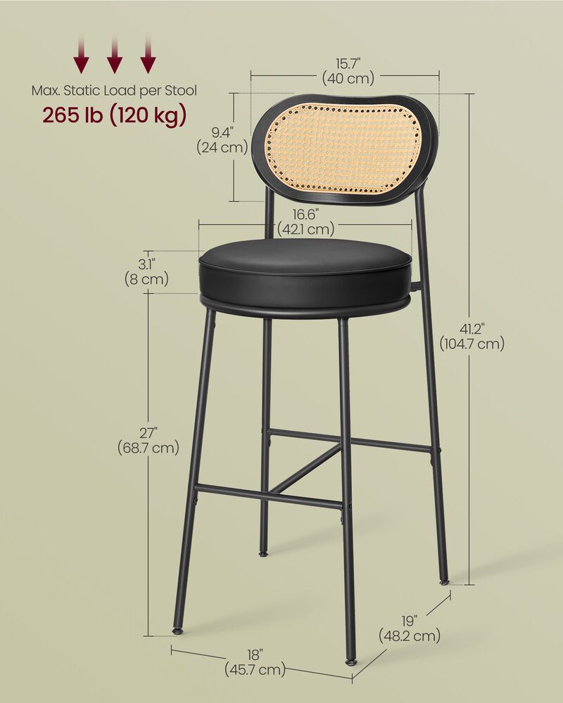 Bar Stools Set of 2, Bar Height Bar Stool with PE Rattan Back