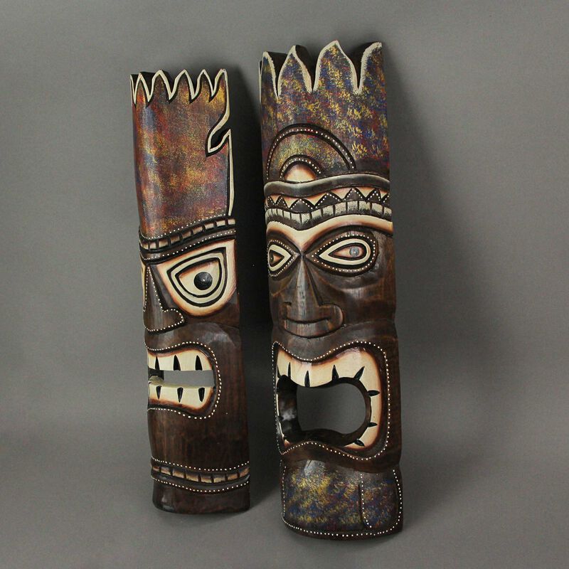 Set of 2 Stained and Painted Wood Polynesian Style Tiki Masks 20 Inches High image number 1