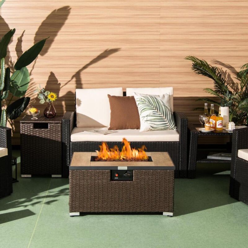 Hivvago Propane Rattan Fire Pit Table Set with Side Table Tank and Cover