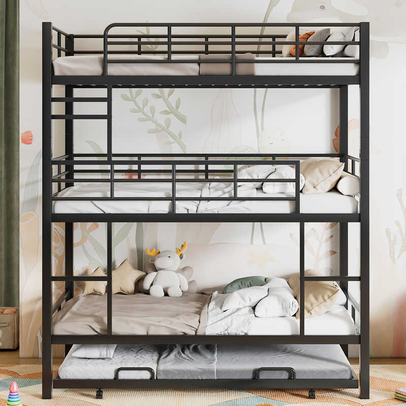 Whisen Metal Twin Size Triple Bunk Bed With Trundle- Black