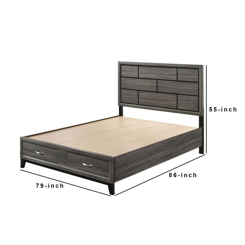 Eastern King Bed with Grooved Pattern and 2 Drawers, Gray