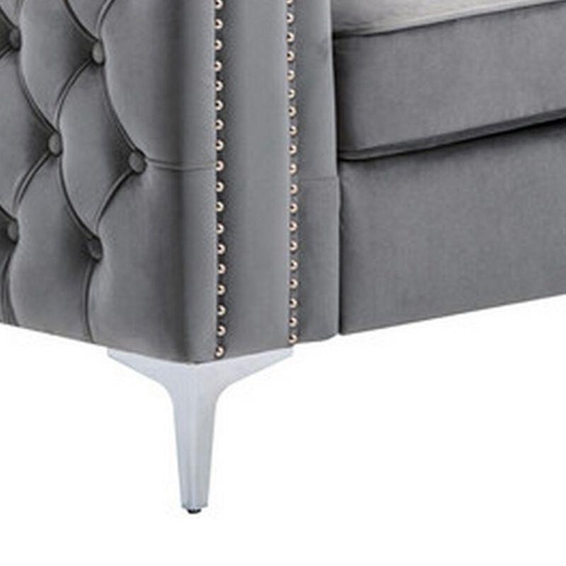 Joni 86 Inch Sofa, Chesterfield Design, Deep Button Tufting, Gray Velvet-Benzara