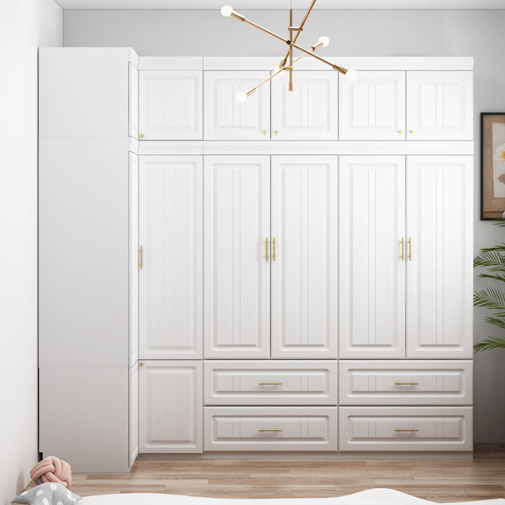 FUFU&GAGA White Corner Wardrobe with Gold Handles, P2 Grade PB Storage Cabinet with Hanging Rod & Multiple Drawers, Space-Saving Closet Organizer (98.4 x 35.4 x 93.9 in)