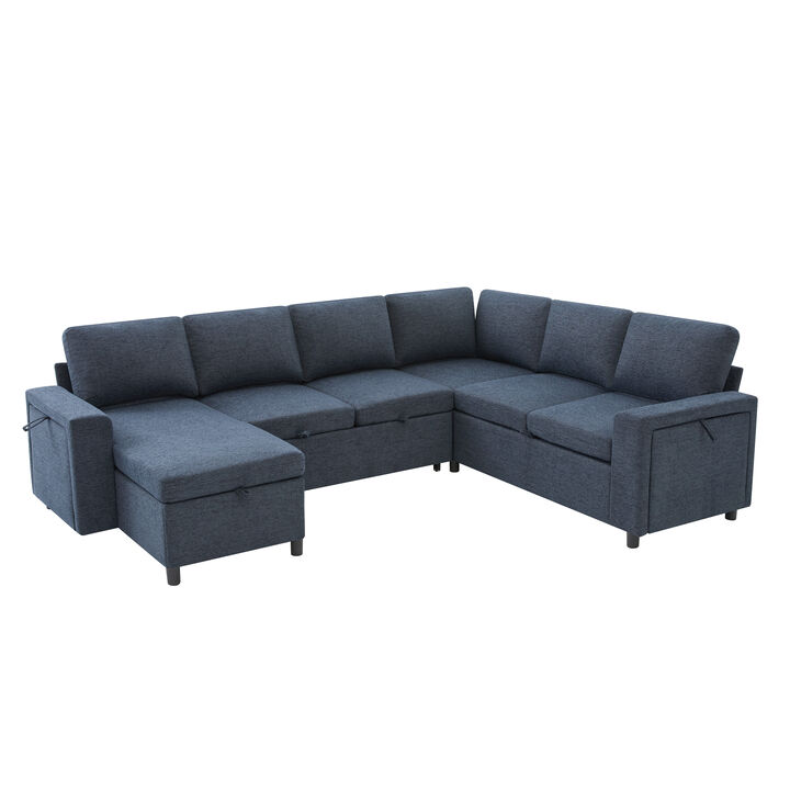 Merax Large U-Shape Sectional Sofa with Pull-Out Bed, Hidden Storage Compartments