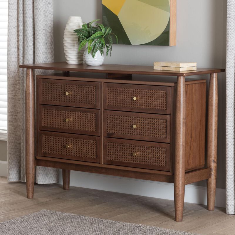 Baxton Studio Alyssa Japandi Walnut Brown Wood 6 Drawer Dresser
