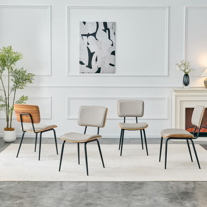 Set of 4 Dining Chairs PU Leather Dining Chairs with open back walnut veneer back Dining Chairs with metal legs leveling feet