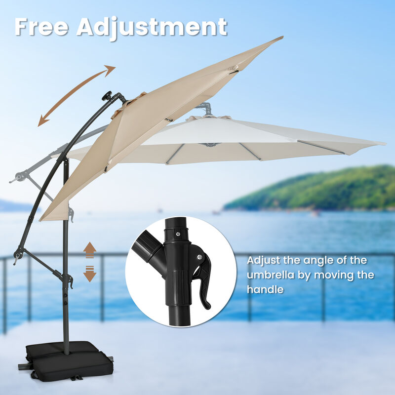 10-Foot Cantilever Umbrella with 32 LED Lights and Solar Panel Batteries for Outdoor Shade and Lighting