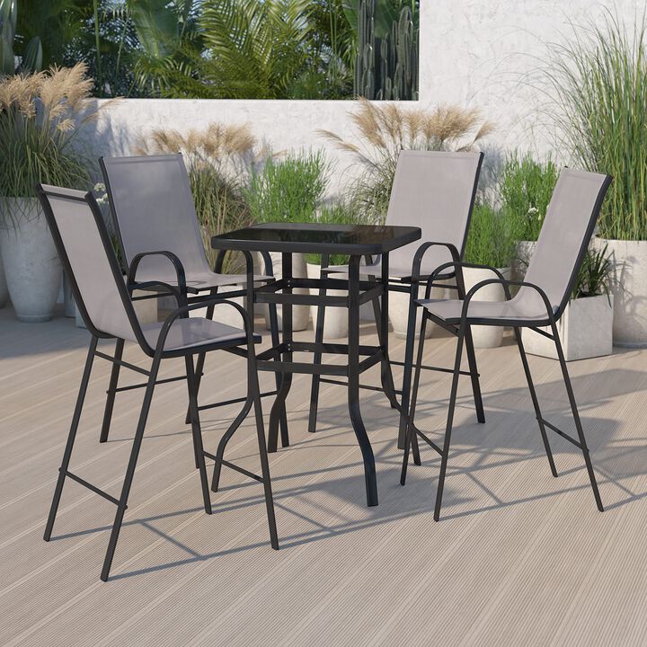 Flash Furniture Brazos Bar Table Set - 5 Piece Glass Brazos Bar Table with 4 Gray Patio Bar Stools - Brazos Outdoor Chairs
