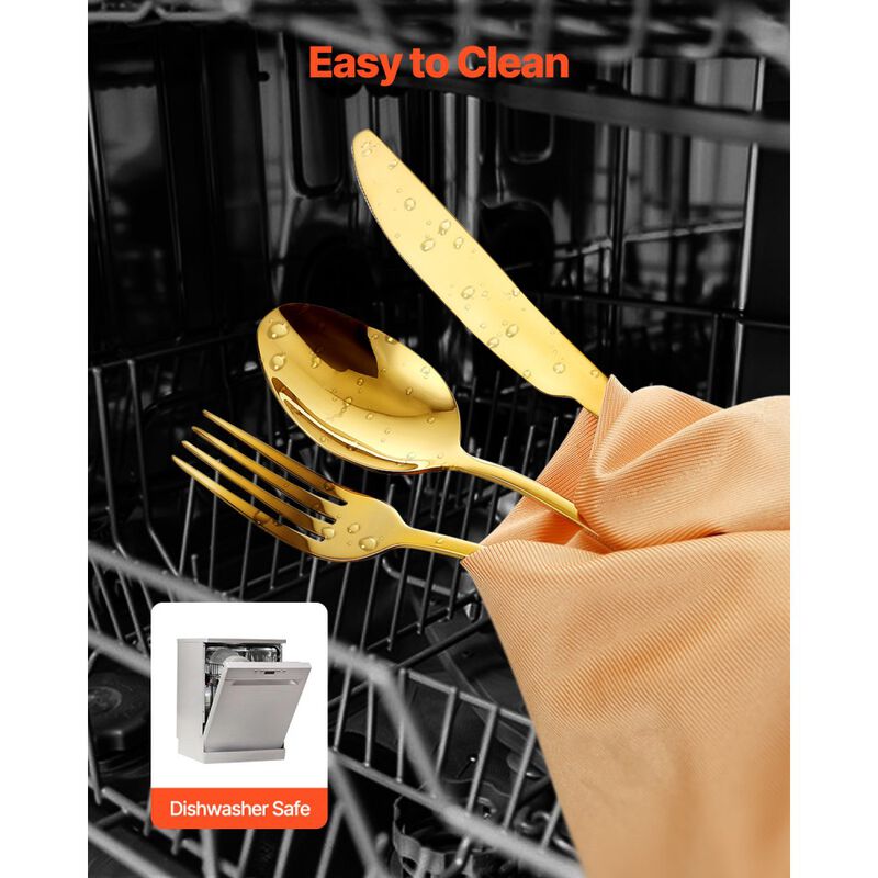 60-Piece Flatware Set for 12, Stainless Steel Cutlery with Knife Fork Spoon, Mirror Polished-Gold image number 4