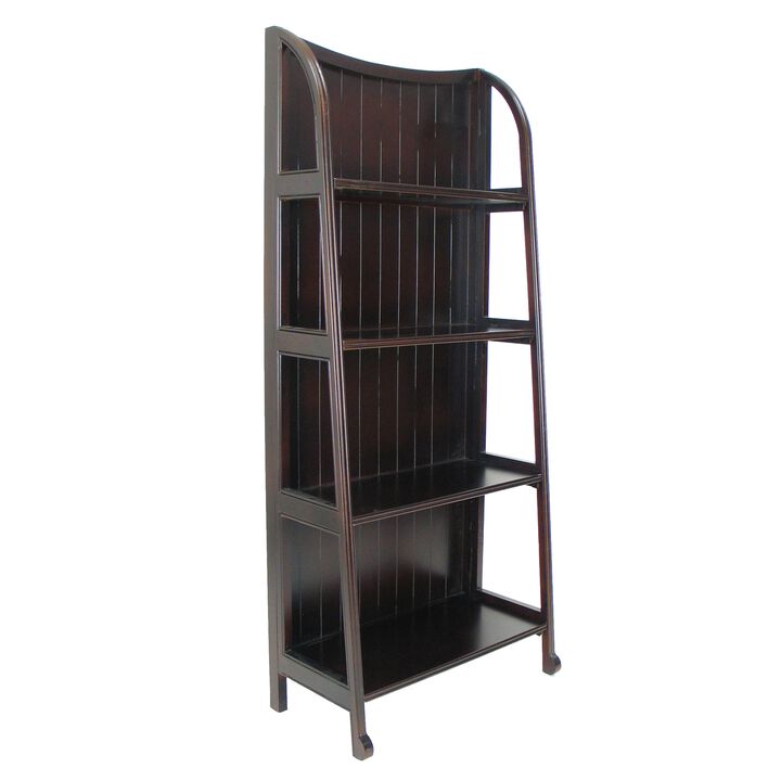 4 Tier Foldable Shelf Display Stand with Plank Style Back, Brown-Benzara