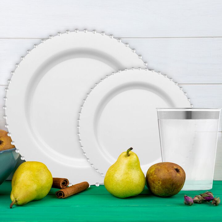 White with Silver Pearl String Round Plastic Tableware Set (60 Sets)