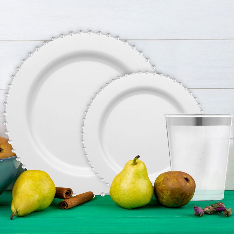 White with Silver Pearl String Round Plastic Tableware Set (60 Sets) image number 1