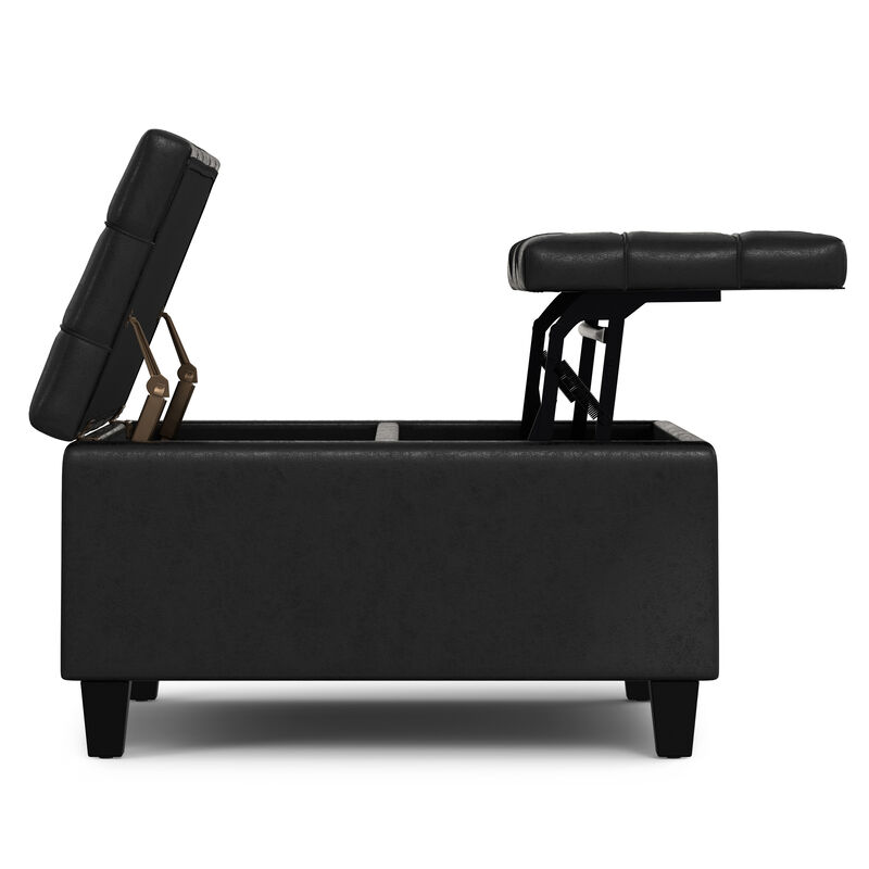 Harrison 30 inch Wide Transitional Square Small Coffee Table Storage Ottoman in Distressed Black Vegan Faux Leather, Assembled image number 5