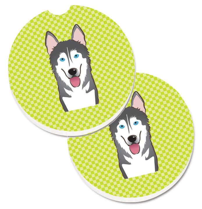 Caroline's Treasures Checkerboard Lime green Alaskan Malamute Set of 2 Cup Holder Car Coasters BB1280CARC, 2.56, Multicolor