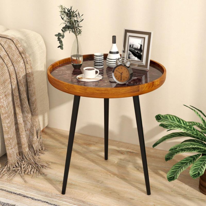 Hivvago 20 Inch Round End Table with Sea Shell Decoration and Epoxy Resin Finish